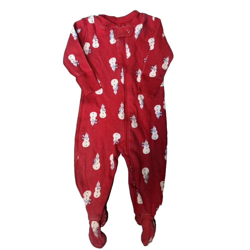 Hanna Andersson Red Christmas Organic Cotton Snowman Footed Sleeper Sz‎ 3-6 Mos
